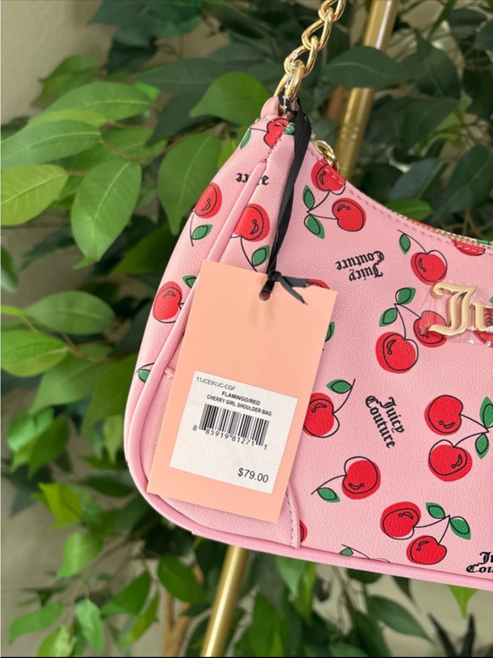 Juicy Couture Cherry Girl Pink Cherry Print Shoulder Bag with Pom Pom - Picture 7 of 7
